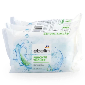 Влажные салфетки ebelin для рук и лица из алоэ вера, 3×25 шт