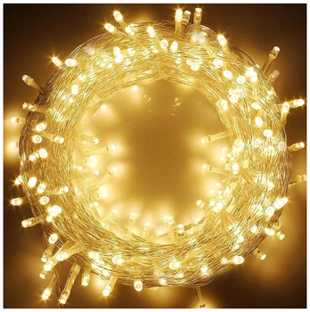 Светодиодная гирлянда 15м 300LED 8 режимов теплый белый для елки прозрачный провод IP44 SQ-29666