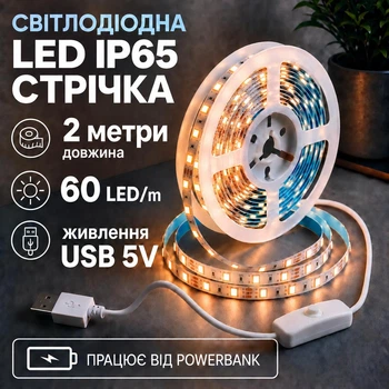 Світлодіодна LED стрічка IP65 2 метри із кнопкою USB 5V, білий теплий, вологозахист силікон світильник для підсвічування кухні шаф, 3000K
