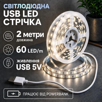 Світлодіодна LED стрічка 2 метри із USB 5V, білий нейтральний, світильник для підсвічування, живлення від павербанку 5 вольт, 4000K