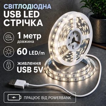 Світлодіодна LED стрічка 1 метр із USB 5V, білий нейтральний, світильник для підсвічування, живлення від павербанку 5 вольт, 4000K