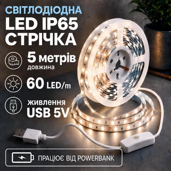 Світлодіодна LED стрічка IP65 5 метрів із кнопкою USB 5V, білий нейтральний, вологозахист силікон світильник для підсвічування кухні шаф, 4000K
