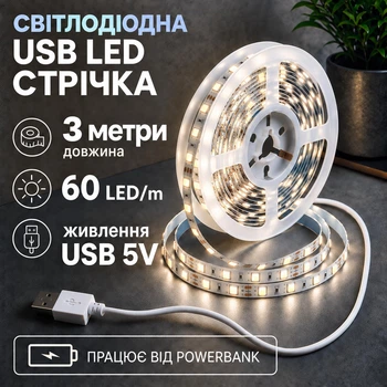 Світлодіодна LED стрічка 3 метри із USB 5V, білий нейтральний, світильник для підсвічування, живлення від павербанку 5 вольт, 4000K