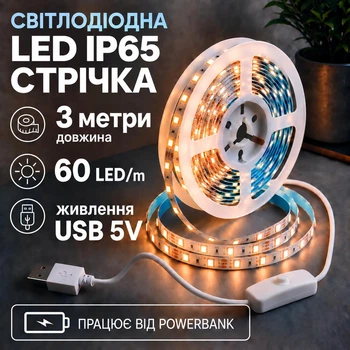 Світлодіодна LED стрічка IP65 3 метри із кнопкою USB 5V, білий теплий, вологозахист силікон світильник для підсвічування кухні шаф, 3000K