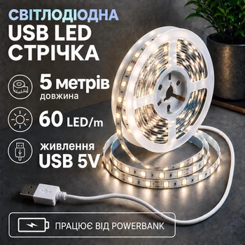 Світлодіодна LED стрічка 5 метрів із USB 5V, білий нейтральний, світильник для підсвічування, живлення від павербанку 5 вольт, 4000K