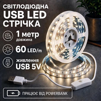 Светодиодная LED лента 1 метр с кнопкой USB 5V, белый нейтральный, светильник для подсветки кухни шкаф, питание от PowerBank 5 вольт, 4000K