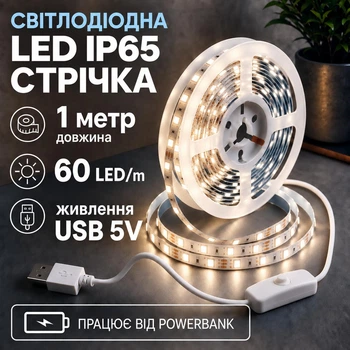 Світлодіодна LED стрічка IP65 1 метр із кнопкою USB 5V, білий нейтральний, вологозахист силікон світильник для підсвічування кухні шаф, 4000K