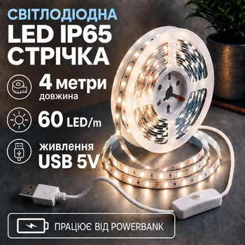 Світлодіодна LED стрічка IP65 4 метри із кнопкою USB 5V, білий нейтральний, вологозахист силікон світильник для підсвічування кухні шаф, 4000K