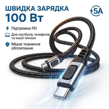 Кабель питания и передачи данных Type-C - Type-C 100W PD 5A, E-Marker 1.5 метра плетеный для ноутбука смартфона и других устройств, темно-серый Ymiot