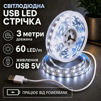 Світлодіодна LED стрічка 3 метри із USB 5V, білий холодний, світильник для підсвічування, живлення від павербанку 5 вольт, 6000K