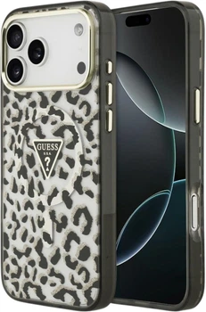 Etui Guess IML Leopard Glitter Triangle Logo MagSafe do iPhone 18 Pro Max / 17 Pro Max czarne (GUE005628)