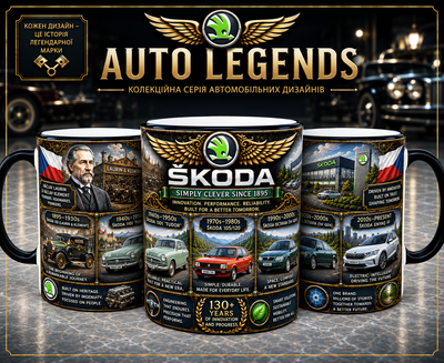 Кружка (чашка) с принтом история Škoda | серия AUTO LEGENDS | Керамическая 330 мл | чёрная ручка