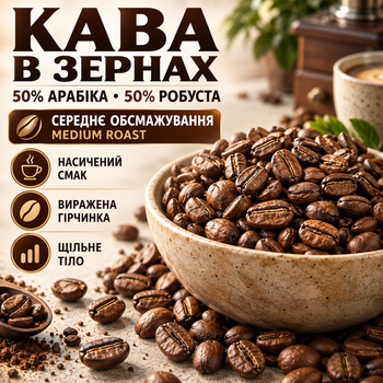 Кава в зернах 1,01 кг 50% арабіка 50% робуста середнього обсмажування зернова кава насиченого смаку з вираженою гірчинкою щільним тілом для кавомашини турки фільтр кави аеропреса
