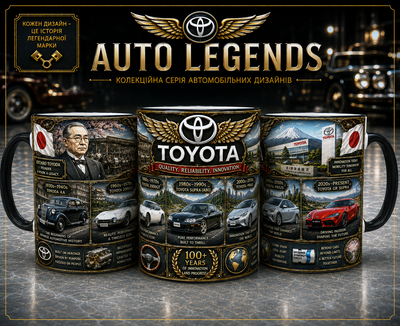 Кружка (чашка) з принтом історія Toyota | серія AUTO LEGENDS | Керамічна 330 мл | чорна ручка