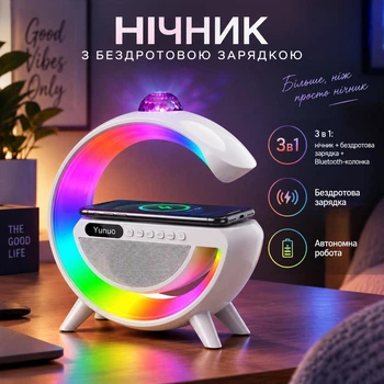 Бездротова зарядна станція – нічник з Bluetooth-колонкою, RGB підсвіткою та диско-кулею YN-2366 15 Вт