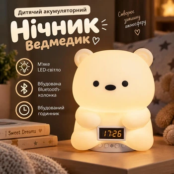 Дитячий акумуляторний нічник – Bluetooth колонка з RGB-підсвіткою та годинником Ведмедик