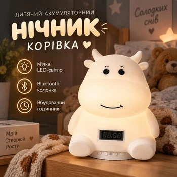 Дитячий акумуляторний нічник Корівка – LED лампа з RGB-підсвіткою, Bluetooth-колонкою та годинником