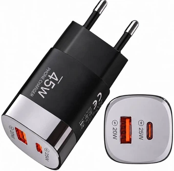 Зарядное устройство Блок быстрой зарядки для телефона 45W 25+20 PD USB Type-C + USB-A QC Fast Charging Быстрая зарядка iPhone Black