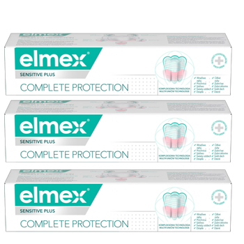 Zestaw past do zębów Elmex Sensitive Plus Complete Protection Tripack z fluorem 3 x 75 ml (8590232001125)