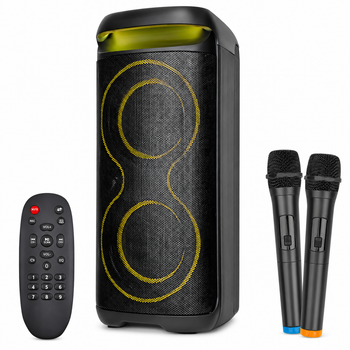 Акумуляторна караоке колонка з 2 мікрофонами 30 Вт 2×6″, Bluetooth, USB, TF, FM, LED, дисплей та пульт ДК