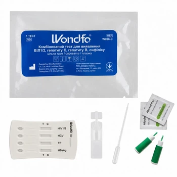 Тест на 4 инфекции Wondfo (ВИЛ 1/2, сифилис, гепатит B и C), экспресс-тест, ланцет, салфетка