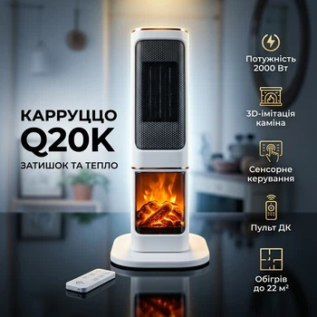 Напольный колонный керамический тепловентилятор обогреватель Carruzzo Q20K 2000 Вт с 3D имитацией камина, пультом ДУ, таймером и поворотом 90° Белый (PTC-1108R)