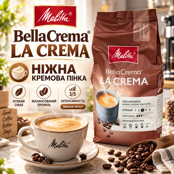 Кава Melitta BellaCrema La Crema у зернах 1010 г середнього обсмажування купаж арабіки робусти зернова кава 3/5 фруктово-горіховий смак з ніжною кремовою пінкою для еспресо лате капучино