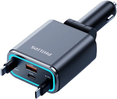 Автомобильное зарядное устройство Philips 100 Вт с выдвижным кабелем, 4 порта, для iPhone 16/17 и Huawei