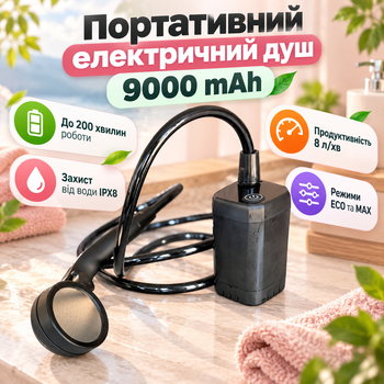 Мобильный душ MaxFlow 9000 mAh с насосом 8 л/мин, лейкой на 3 режима и системой старт-стоп для кемпинга, дачи, походов, путешествий