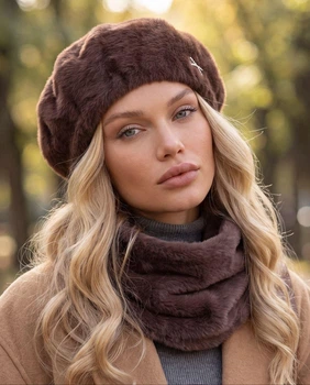 Женский комплект Кейт из экомеха альпака, берет и бафф 798-012 шоколад