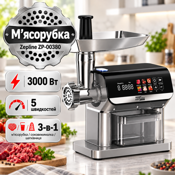 Электромясорубка Zepline ZP-00380 3000 Вт с сенсорным управлением, соковыжималкой, шинковкой и насадками для колбас