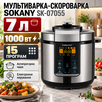 Мультиварка-скороварка Sokany SK-07055 7 л 1000 Вт мультиварка с 15 автоматическими программами антипригарной чашей электронным управлением таймером отложенным стартом поддержанием тепла
