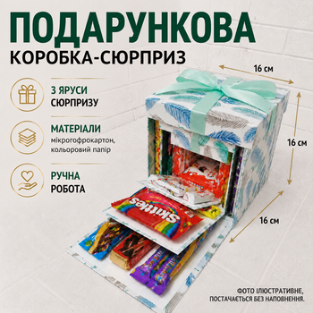 Подарункова розкладна коробка сюрприз 3-рівнева для фото, солодощів і подарунка, коробка трансформер 16х16х16 см, пір'їнки