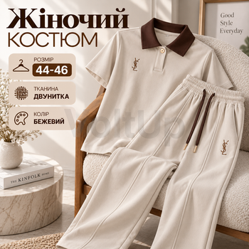 Жіночий костюм 44–46 бежевий із турецької двонитки, футболка-поло з коротким рукавом та штани вільного крою