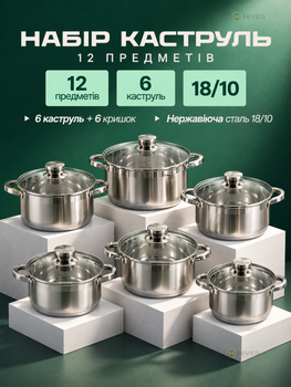 Набор кастрюль 12 предметов из нержавеющей стали 18/10, многослойное капсульное дно, стеклянные крышки с пароотводом, для индукционных плит, 6 кастрюль
