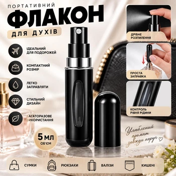 Атомайзер для парфумів 5 мл, багаторазовий флакон баночка пляшечка для антисептика дозатор для парфумерії для туалетної води, розпилювач для парфумів Чорний