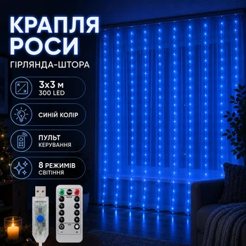 Новогодняя гирлянда штора Капля росы 3х3 м от USB, повер банка (синий цвет) 300 LED с пультом ДУ