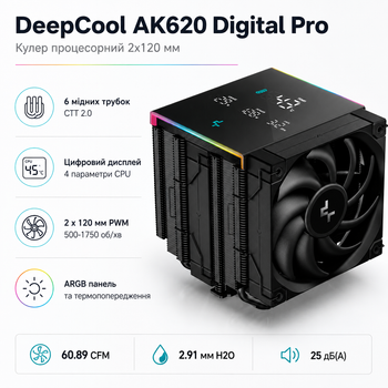 Кулер процесорний DeepCool AK620 Digital Pro 2x120 мм 500-1750 об/хв Digital ARGB Black (R-AK620-BKAPMN-G)