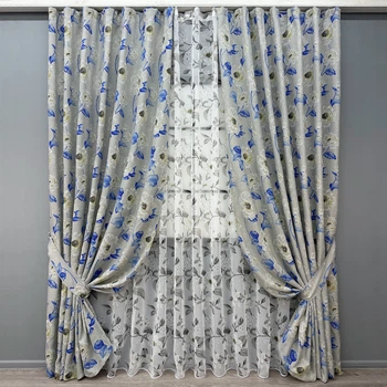 Комплект штор VR-Textil Лен Прованс 100х270 2шт и Тюль 300х270 2078ш-1681т Светло-серый с синим и белым 71-207/1
