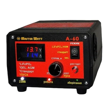 Пуско-зарядне ЗУ для LiFePO4 акумуляторів PZU А-60 12V (20-800Ah) (MF, AGM, GEL, CA/CA, LiFePO4) 60А, 160-245V