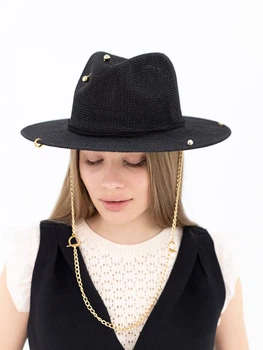 Шляпа федора летняя с тонкой рафии с золотистой цепью и жемчужинами D.Hats черная