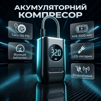 Портативный аккумуляторный компрессор CZK-3688 150 PSI (2000 mAh) — Беспроводной автокомпрессор с дисплеем и фонариком