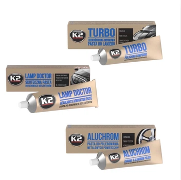 Набор полировальных паст K2 Turbo + Lamp Doctor + Aluchrom для кузова, фар и металла