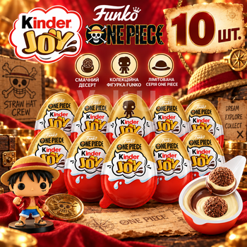 Шоколадні яйця Kinder Joy Funko One Piece 10 шт з молочним і какао кремом, вафельними кульками та іграшкою-сюрпризом