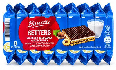 Набір Вафлі сендвіч Шоколадні Bonitki Setters Боніткі Сеттерс у шоколаді з молочно-горіховою начинкою Спайка 8шт 200г