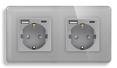 Стеклянная розетка с USB + Type-C 1DAL | Серый 2 гнезда (G157D-STUTCX2.GR)