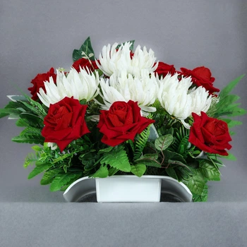 Ритуальная композиция GALA DECOR из 8 искусственных бархатных красных роз и белых хризантем в кашпо 50х40 см