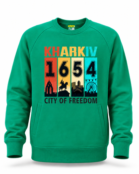 Свитшот унисекс с карманами 726 тринитка с принтом "Kharkiv 1654city of freedom" зеленый р. М
