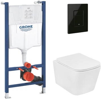Инсталляция Grohe Rapid SL Solido 38971000 + панель смыва Even 38966KV0 черная глянцевая + унитаз подвесной Kroner Eifel WHI493436 Tornado с сиденьем Soft Close дюропласт (38971966KV0KE49T)