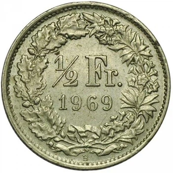 Швейцарія 1/2 франка 1969 рік Монети світу